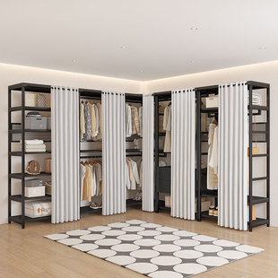 步入式金属衣帽间多层组合落地家用衣柜开放式包安装带衣帘挂衣架