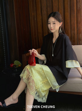 7SEVEN 桑蚕丝棉~舒适V领侧开叉双层设计 通勤休闲短袖宽松衬衫女