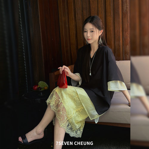 7SEVEN 桑蚕丝棉~舒适V领侧开叉双层设计 通勤休闲短袖T恤0680