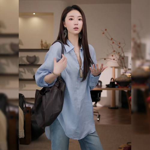 7SEVEN 100苎麻~矢车菊蓝 翻领系带收腰设计舒适质感衬衫女0675