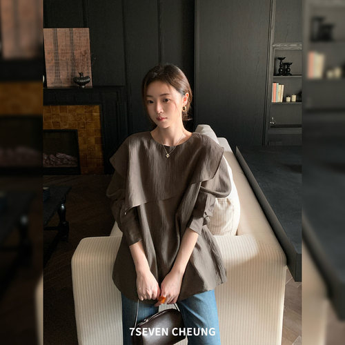 7SEVEN 桑蚕丝人棉~披肩假两件褶皱纹理设计早秋款长袖T恤女1785