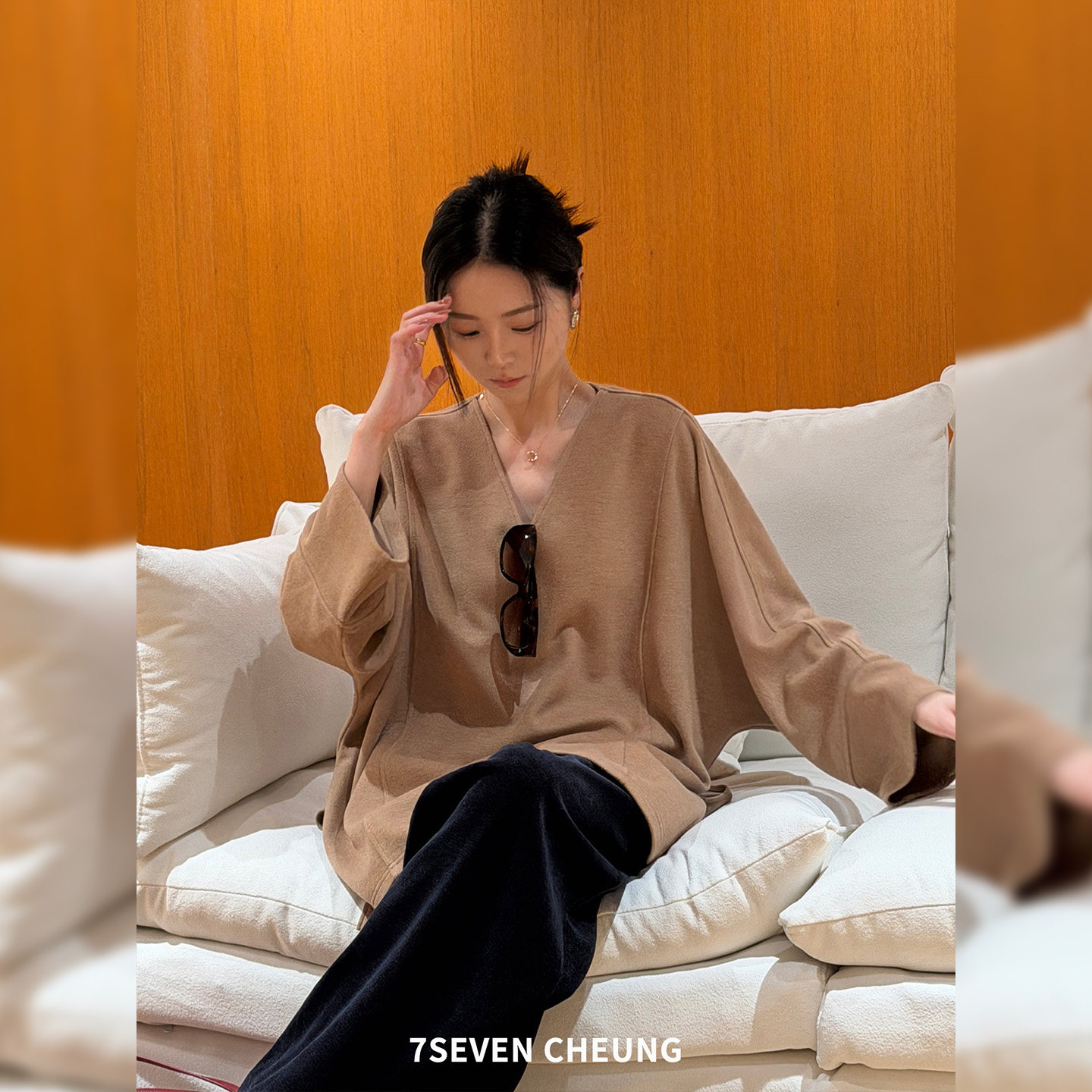 张七七 简约小V领开叉下摆设计双面呢针织女2026简约高级感上衣