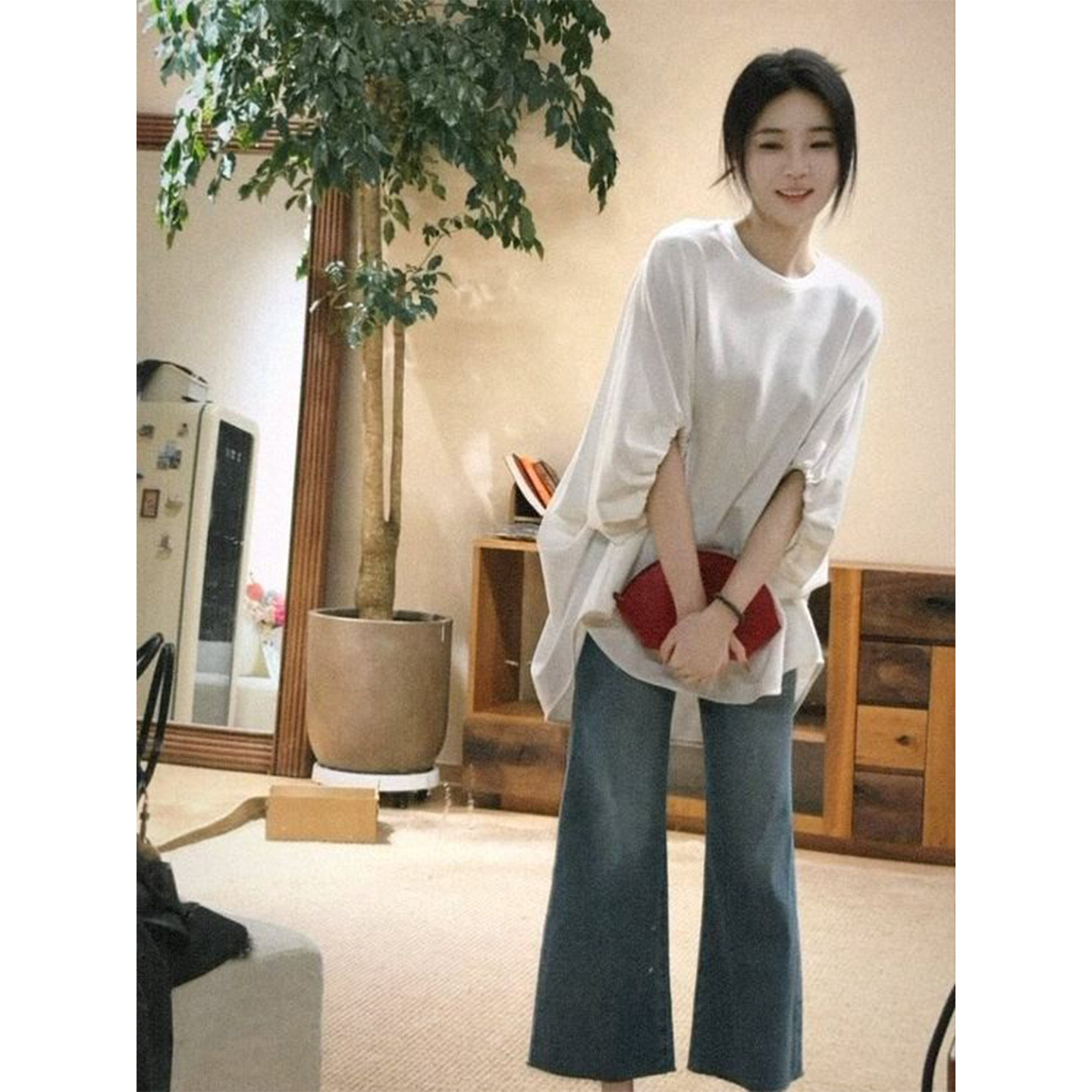 7SEVEN 白色抽褶袖长款t恤女新款七分袖慵懒显瘦宽松百搭上衣3967