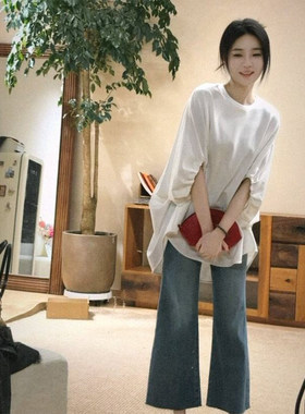 白色抽褶袖长款t恤女新款