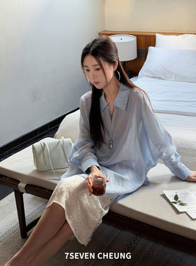 张七七 100苎麻矢车菊蓝翻领系带女2026舒适质感收腰设计衬衫