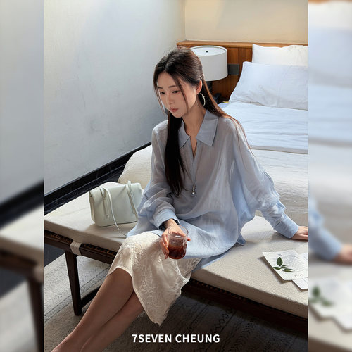 7SEVEN 100苎麻~矢车菊蓝 翻领系带收腰设计舒适质感衬衫女0675