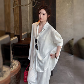 7SEVEN 天丝亚麻 白色六分袖衬衫女夏季慵懒开衫垂坠感上衣7093