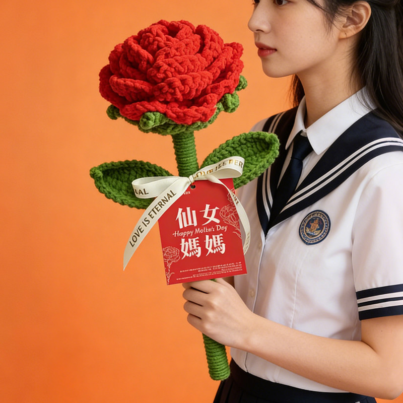 手工编织红色玫瑰花束母亲节礼物送妈妈创意毛线钩织巨型花朵成品