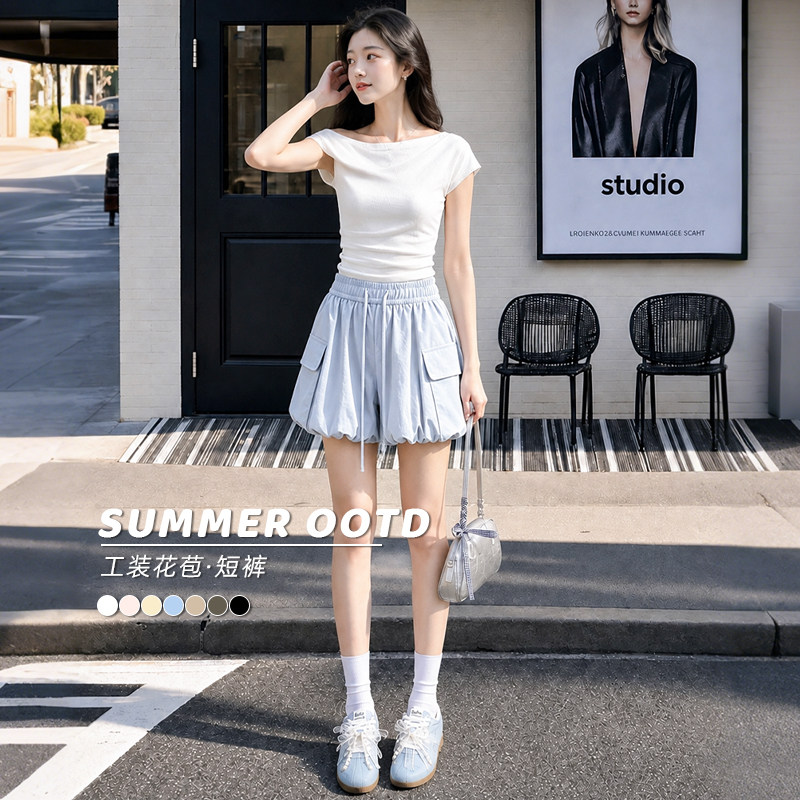 绿色花苞短裤女夏外穿2026新款a字甜美小个子蓬蓬半身裙裤