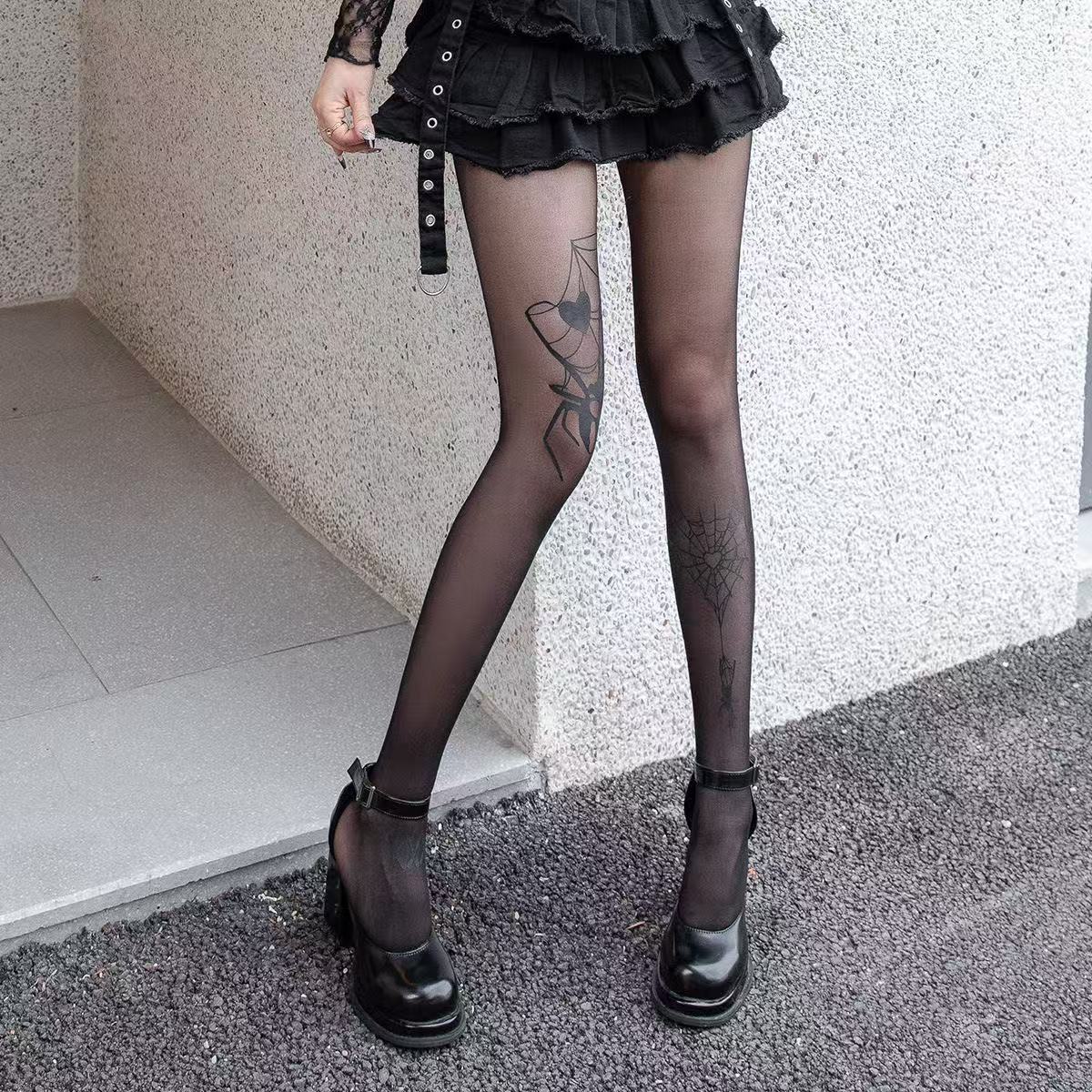 万圣节跨境黑色蜘蛛网图案丝袜女薄款防勾丝连裤袜暗黑风性感网袜