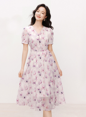 珂莱商场同款2025夏季新款女装V领系带蝴蝶印花连衣裙KF12242S2