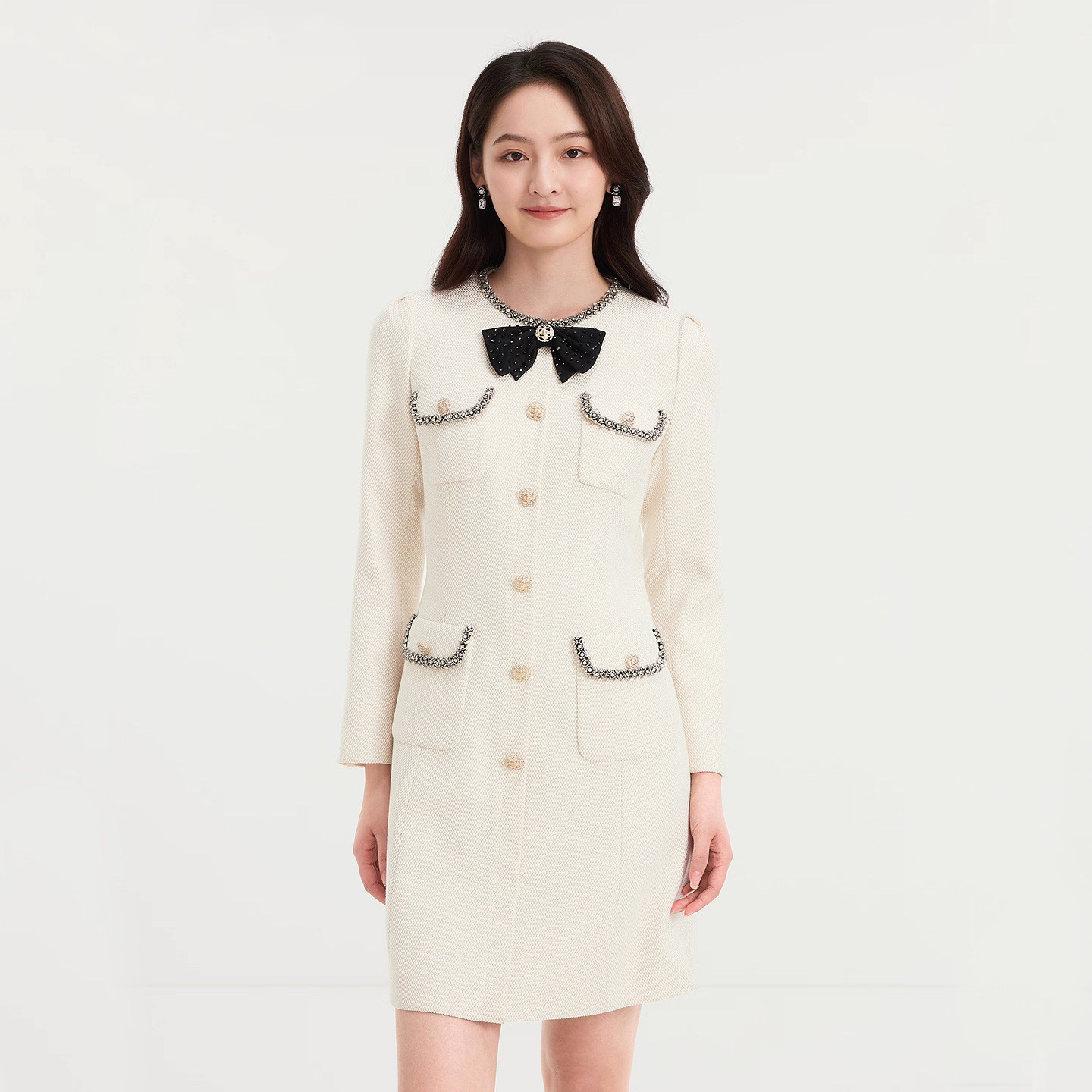 珂莱商场同款2025秋季新款女装气质圆领显瘦钉钻长袖小香风连衣裙