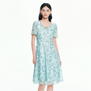 珂莱商场同款2026夏季新款女装法式钉珠印花中长款短袖蕾丝连衣裙