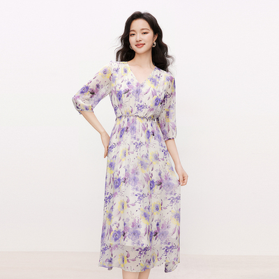 优雅茶歇V领飘逸印花连衣裙