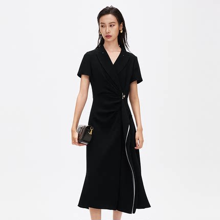 奈家同款2026夏季新款女装黑色三醋酸气质修身西装领中长款连衣裙