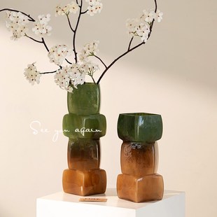 艺术花瓶玻璃高级感法式中古创意几何餐桌装饰品客厅插花琉璃摆件