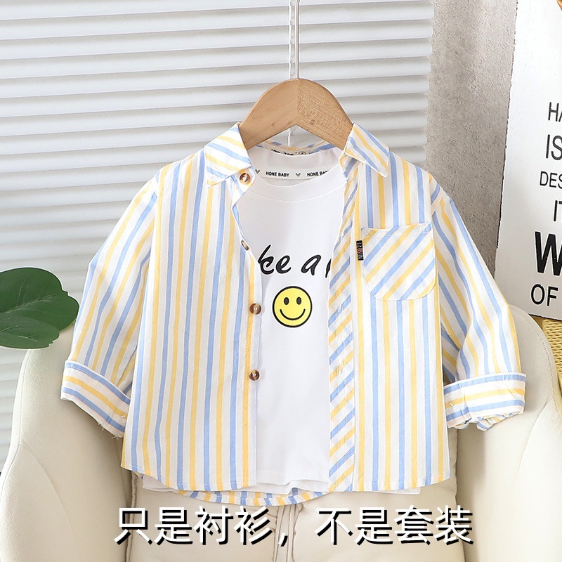 纯棉儿童衬衫男童纯棉衬衣宝宝条纹春夏秋薄款长袖外套空调防晒