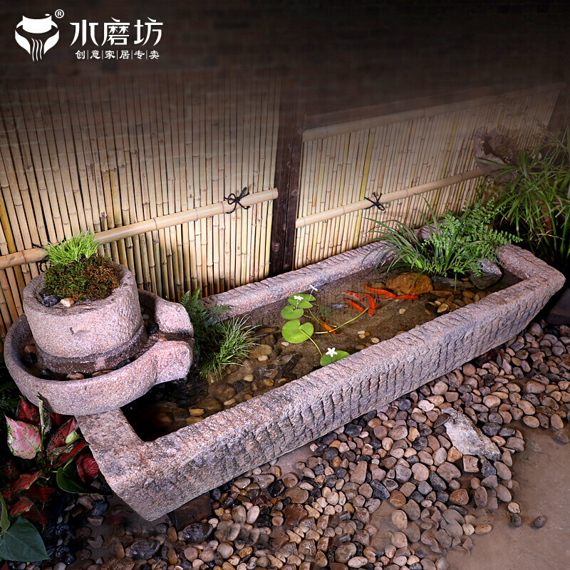 水磨坊创意庭院马槽循环流水摆件景观造景花园民宿石磨养鱼池装饰