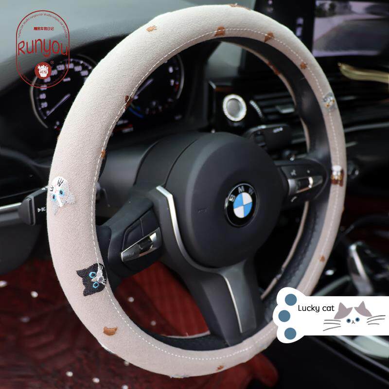刺绣猫咪棉麻方向盘套 手工把套 各车型通用海豚icon赛丽斯mini
