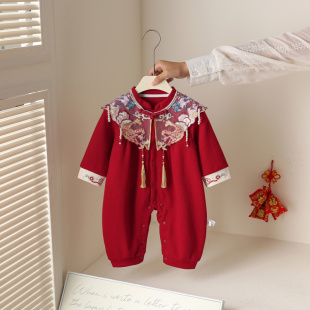 柏艺-春款婴儿衣服满月照百天照红色喜庆连体衣新生儿外出服女宝