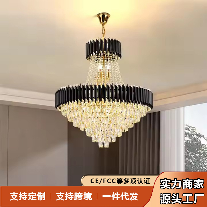 轻奢复式楼客厅水晶大吊灯别墅公寓中空楼中楼跃层楼梯长水晶吊灯