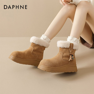 达芙妮2026套筒圆头加绒棉靴短筒女款 中筒防滑加厚防脏 马丁靴厚款