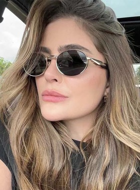 新款椭圆太阳镜时尚复古金属街拍防晒遮阳眼镜欧美高级感墨镜