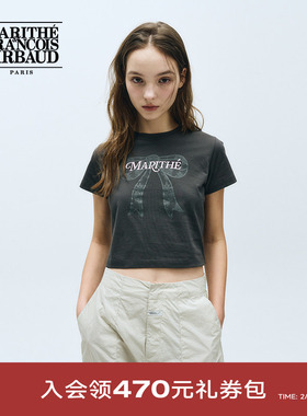 MARITHE女士蝴蝶结印花短袖T恤潮流正肩短款潮流上衣2025年夏韩系