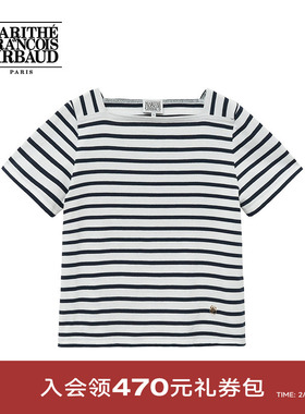 MARITHE短袖T恤潮流女士休闲舒适常规款方领条纹25年夏季韩系上衣