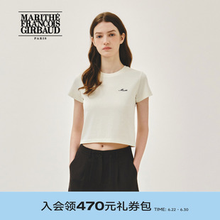 MARITHE女士字母修身短T恤 简约时尚撞色刺绣圆领短袖上衣2026夏