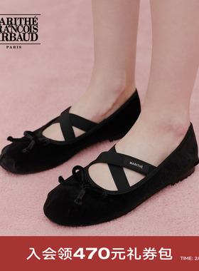 MARITHE女士绑带丝绒平底鞋 芭蕾风玛丽珍舒适精致蝴蝶结鞋子秋冬