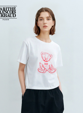 MARITHE女士涂鸦熊短袖T恤休闲舒适插肩短款少女上衣2025年夏韩系