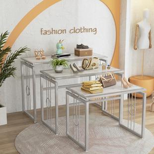 服店流水台展示台岛台中高低三层装桌子包包鞋架落地货架摆陈列架