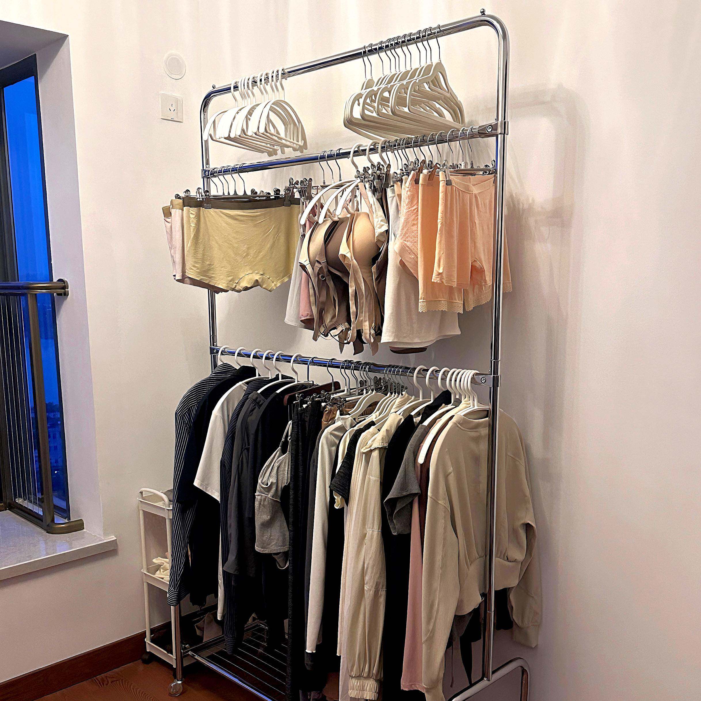 三层杆升级加厚服装店内衣裤晾晒展示用架落地式挂横衣衣架家挂杆
