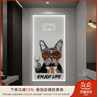 电子钟表玄关装饰画法斗猩猩数显时钟挂画动物狗客厅走廊带灯壁画