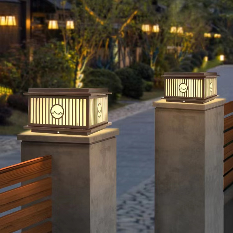 竖纹山水太阳能柱头灯庭院大门柱灯户外围墙灯接电别墅墙头柱子灯