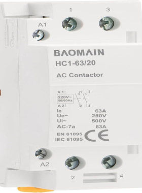 Baomain 家用交流接触器 HC1-63 220V 63A 2极常开通用电路控制 D