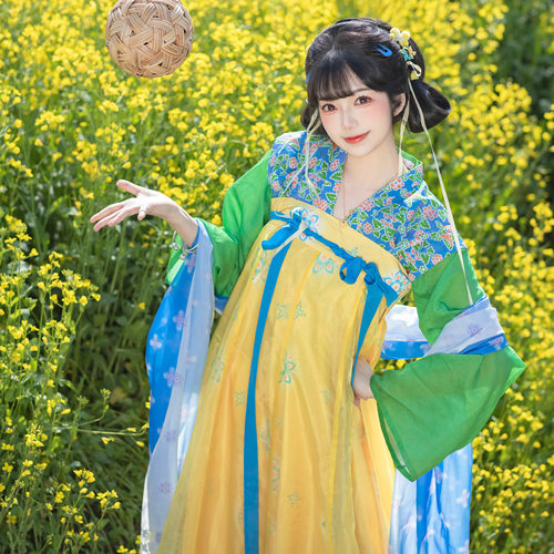 醒春集【相见欢】唐制汉服唐背子对襟衫交窬裙披帛黄绿撞色传统风