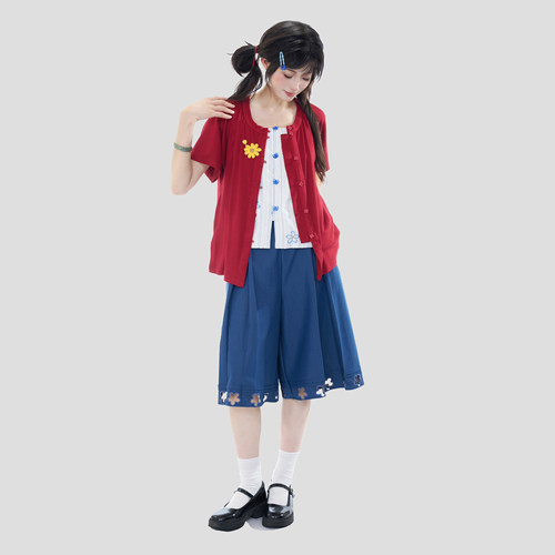 醒春集【宇宙红豆】明制汉服元素圆领衫主腰短裤红蓝人棉国风日常