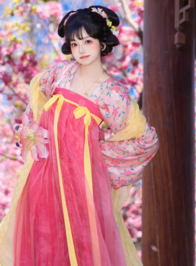 醒春集【山寺桃花】唐制汉服对襟衫齐胸交窬裙褶裙披帛粉色少女风