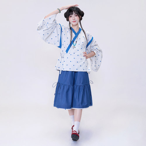 醒春集【未名小札】晋制汉服元素晋襦改良短缚裤棉麻蓝色日常秋装