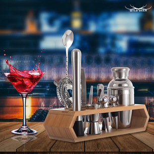 不锈钢调酒器雪克杯套装 酒吧家用竹架底座高端酒具批发酒具套装