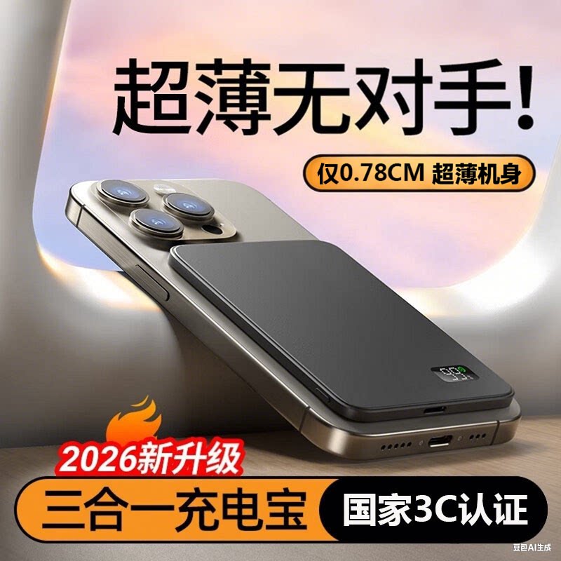 现货现发【国家3C安全认证】卡牌式磁吸充电宝有线+无线三合一超薄快充移动电源MagSafe卡片式外接电池不伤机