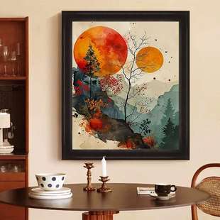 中古风山水客挂画国风景色玄关餐厅装饰画高级复古意日出手绘油画