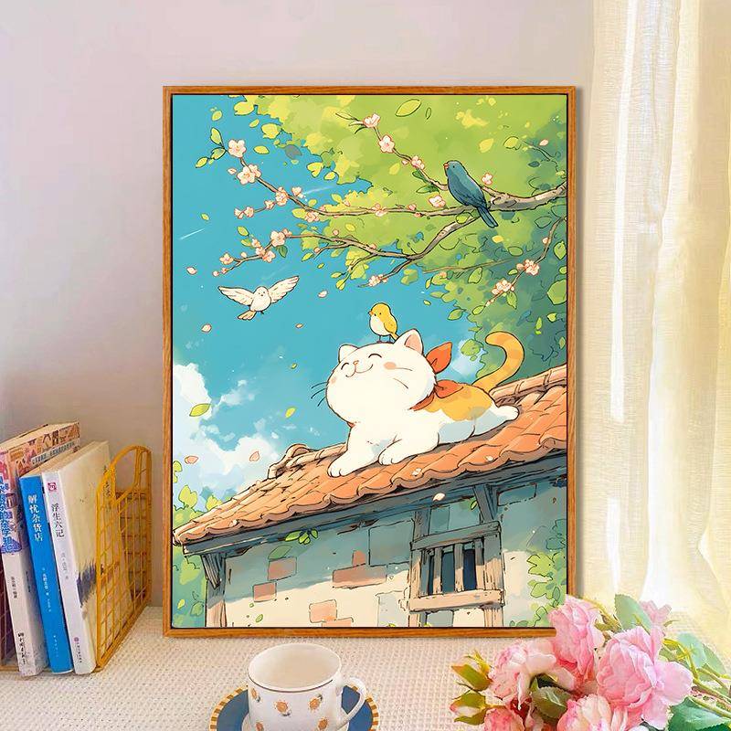 屋顶小猫数字油画diy填充打发时间手工画画成人颜料涂色画丙烯画