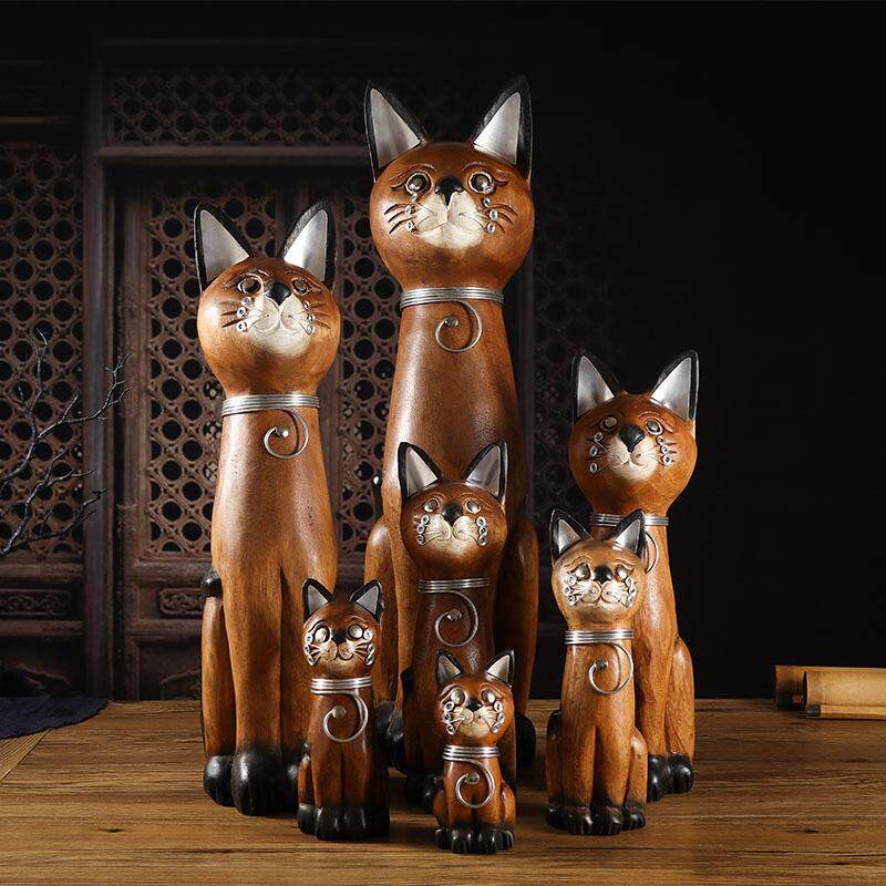 泰国实木招财猫摆件木质工艺品创意客厅装饰品东南亚小猫桌面摆设