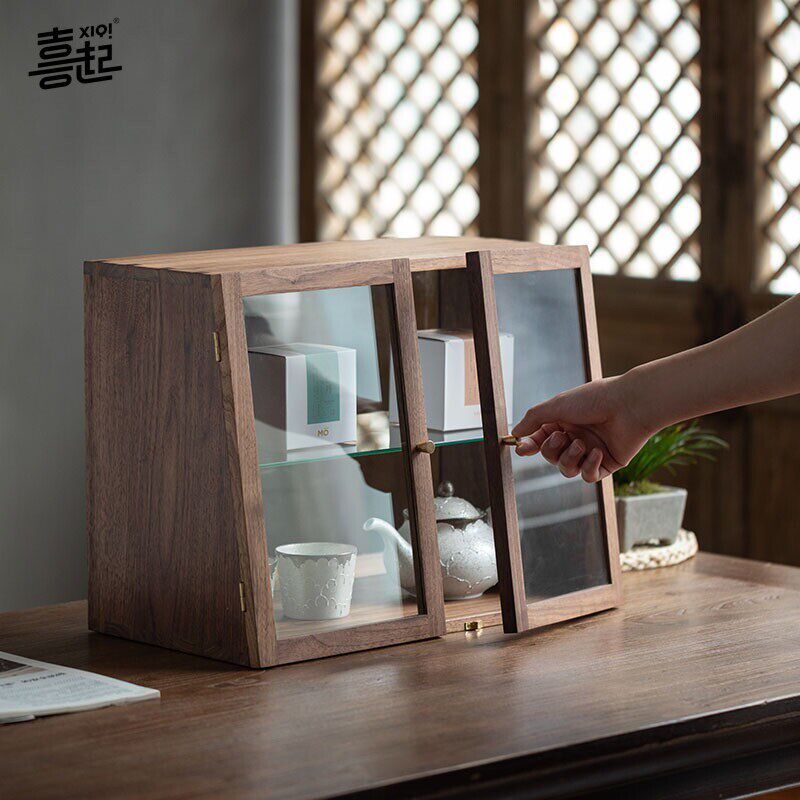胡桃木透明防尘收纳展示盒护肤化妆品模型摆件调料茶杯收纳玻璃柜