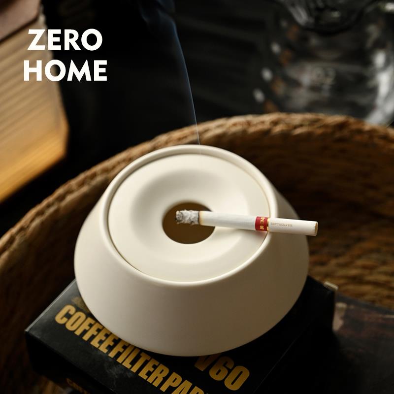ZERO-HOME 陶瓷烟灰缸 日式奶油家用带盖子防风防飞灰简约轻奢烟