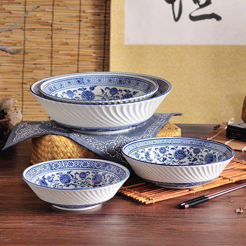 陶瓷碗 仿古青花瓷斗笠碗 喇叭碗 面碗 米饭 拉面 大 汤 牛肉面碗