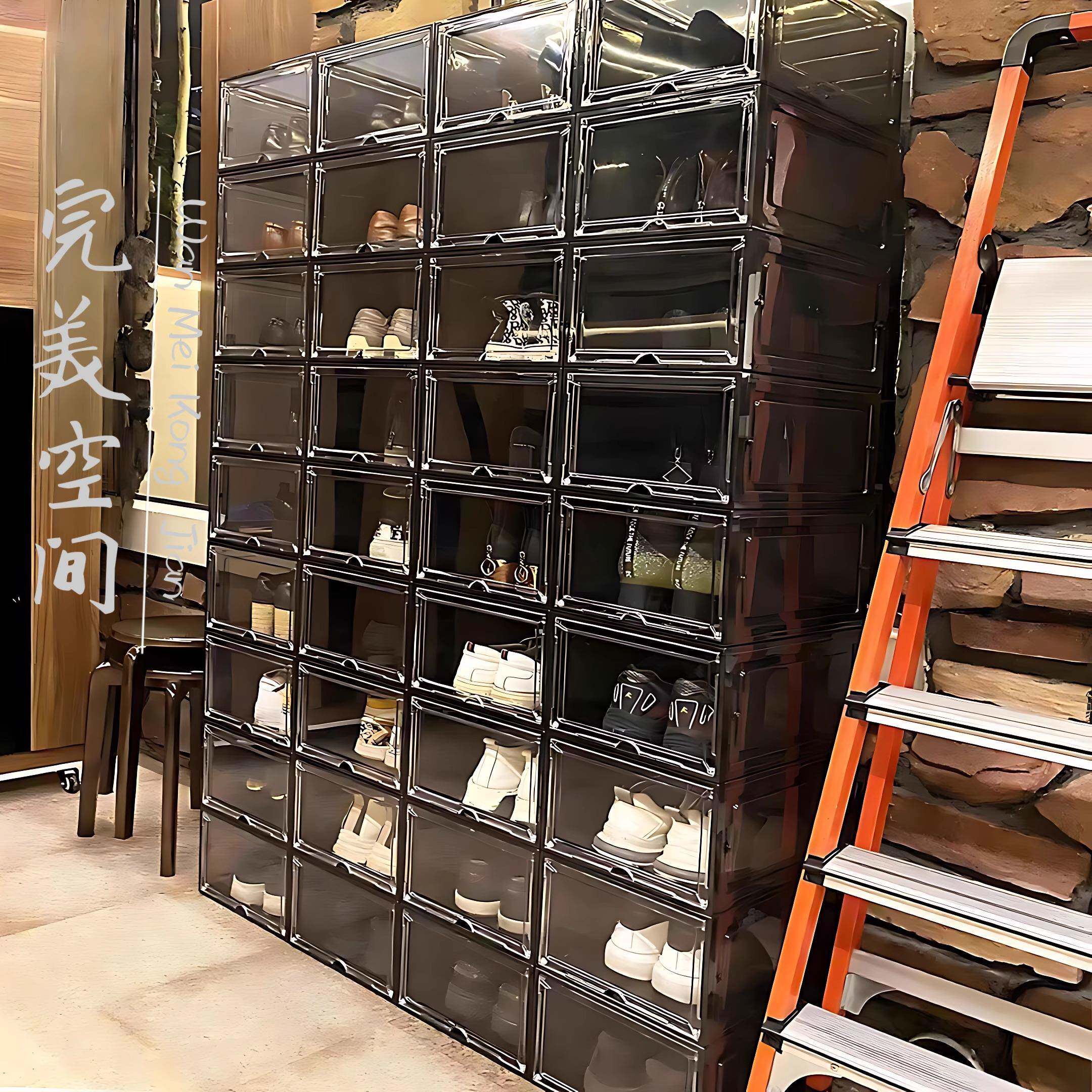 硬塑料日式磁吸透明亚克力门竖款高帮球鞋塑料收纳鞋盒透气组装潮